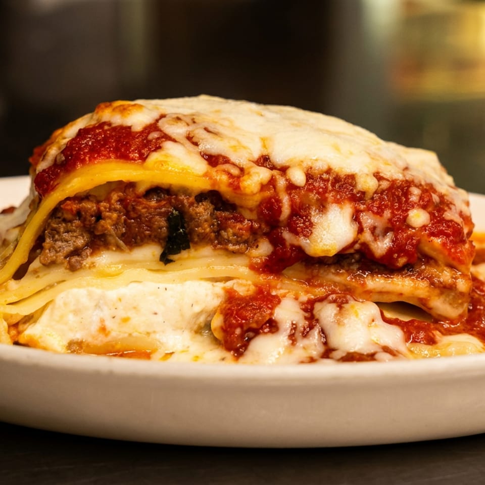 Hearty lasagna with layers of pasta, meat sauce, and melted cheese in a white dish.