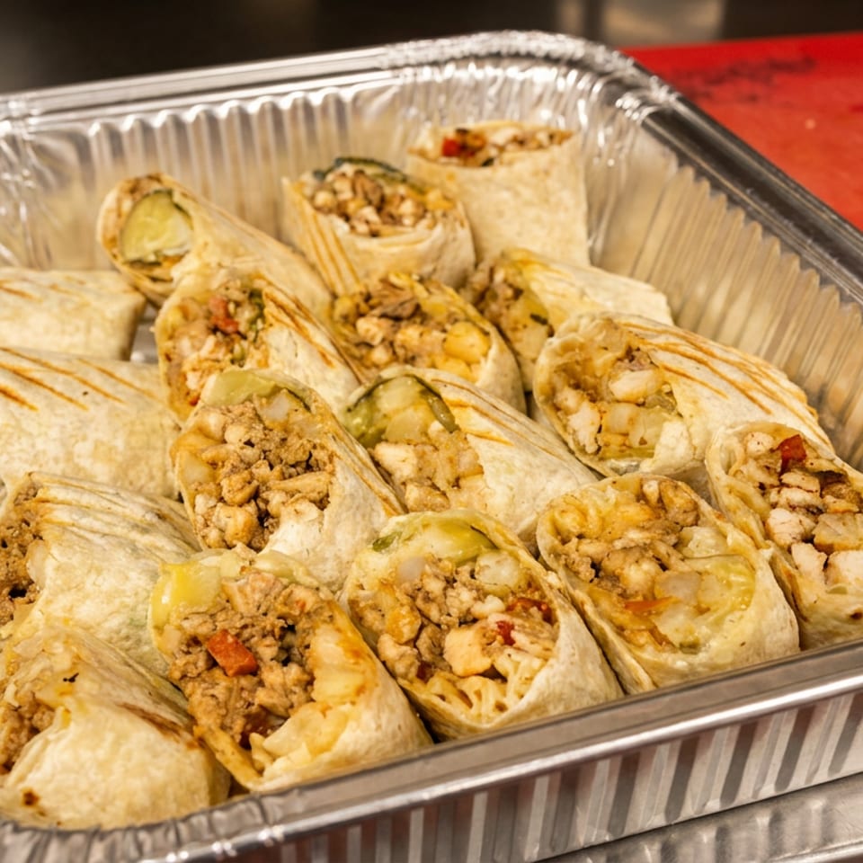 Numerous cut burritos filled with meat, potatoes, and peppers in a foil catering tray.