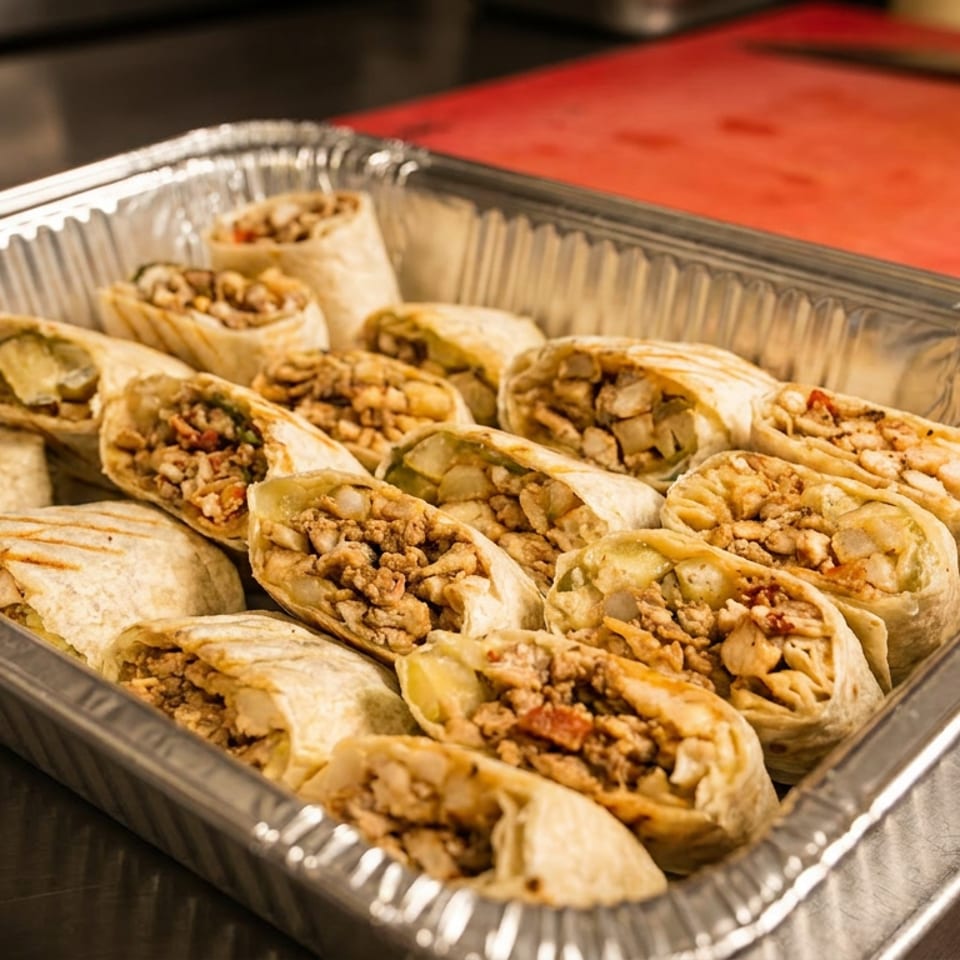 Many chicken and potato burritos in a foil catering tray on a metal counter.