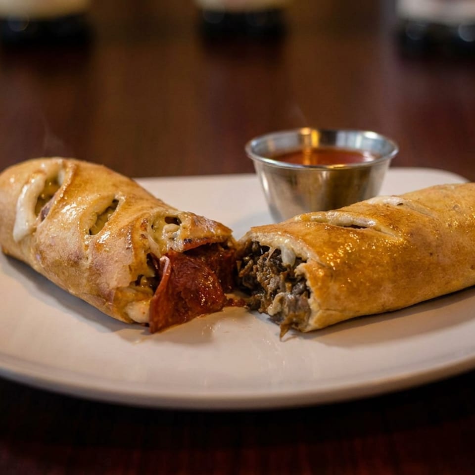 Steaming pepperoni and meat strombolis, cut open, served with a side of marinara sauce.