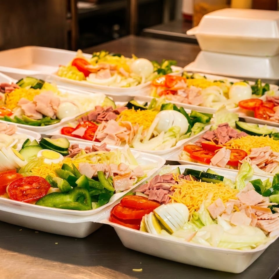 Rows of fresh chef salads with ham, cheese, and vegetables in white takeout containers.
