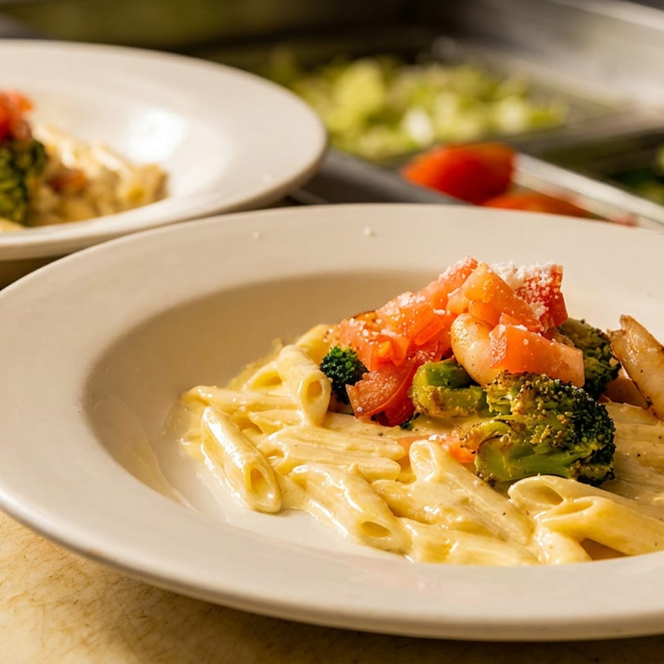 Two plates of creamy penne pasta with broccoli, diced tomatoes, and cheese on a kitchen counter.