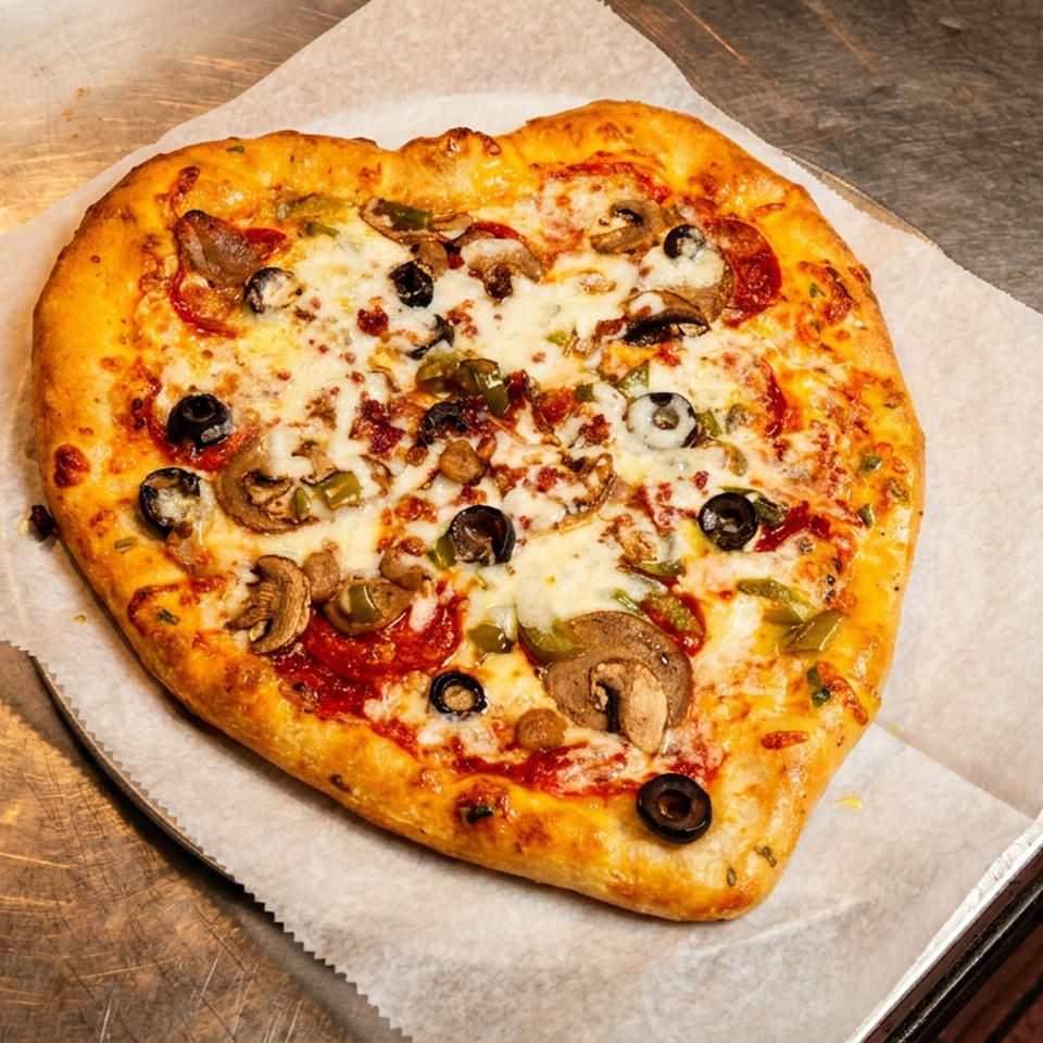 Heart-shaped pizza with pepperoni, mushrooms, olives, and green peppers on a metal counter.